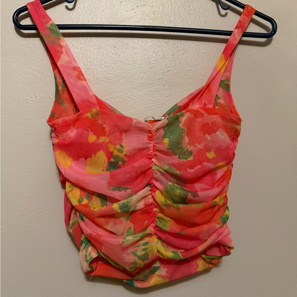 Zara Coral Pink Floral Ruched Bustier Crop top - Picture 3 of 4